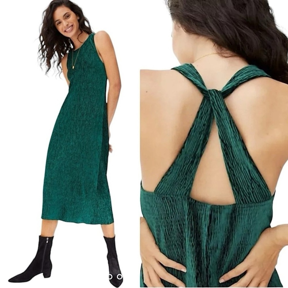 Anthropologie Maeve Adrienne Twist-Back deep Green Velvet Midi Dress XS holiday